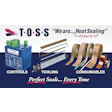 TOSS heat sealing company advertisement displaying controls, tooling, and consumables products with tagline Perfect Seals Every Time