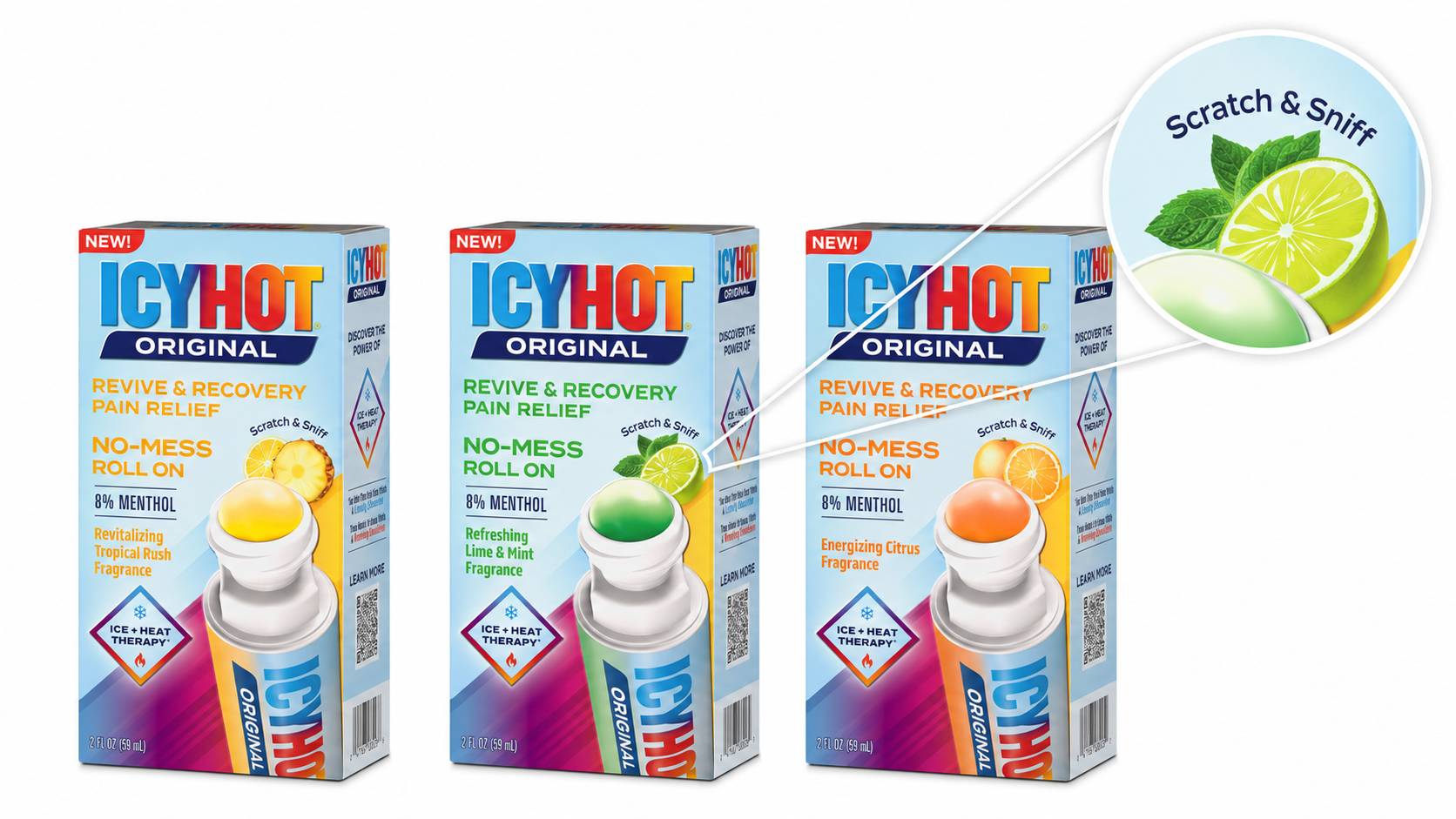 Each of the three Revive & Recovery cartons carries a scented spot varnish, cued by a small 'Scratch & Sniff' callout above the rollerball graphic.