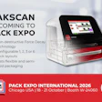 PakScan packaging inspection machine announcement for Pack Expo International 2026 in Chicago, featuring non-destructive force decay technology and configurable pack layouts.