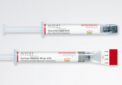Two pharmaceutical syringes with specialty labels featuring gas barrier function and syringe-closure-wrap technology from Schott Pharma and Schreiner MediPharm