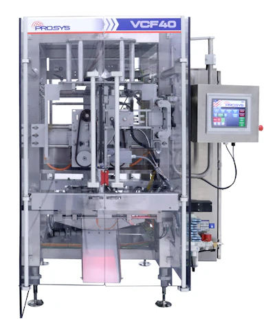 Prosys VCF40 vertical form-fill-seal packaging machine with touchscreen control panel and transparent chamber