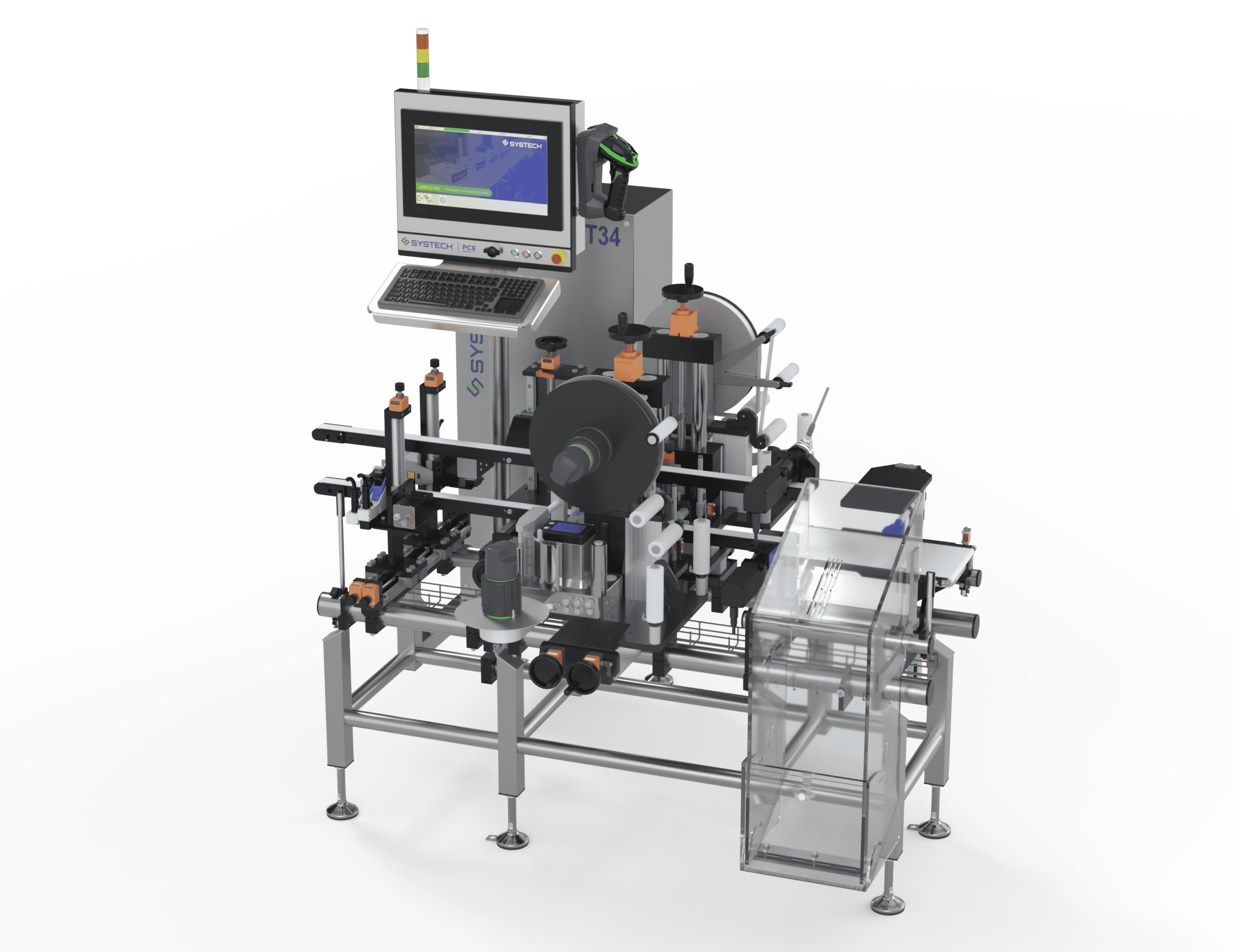 Industrial labeling machine with CRT monitor, mechanical components, and metal frame for product packaging automation