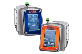 Two ERIEZ industrial surveying instruments with blue and orange control panels and green indicator lights