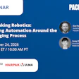 Webinar promotion for Rethinking Robotics automation in packaging, featuring speakers Dan Feeney and Casey Flanagan, November 24, 2026, sponsored by Harpak-ULMA
