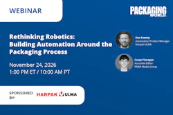 Webinar promotion for Rethinking Robotics automation in packaging, featuring speakers Dan Feeney and Casey Flanagan, November 24, 2026, sponsored by Harpak-ULMA