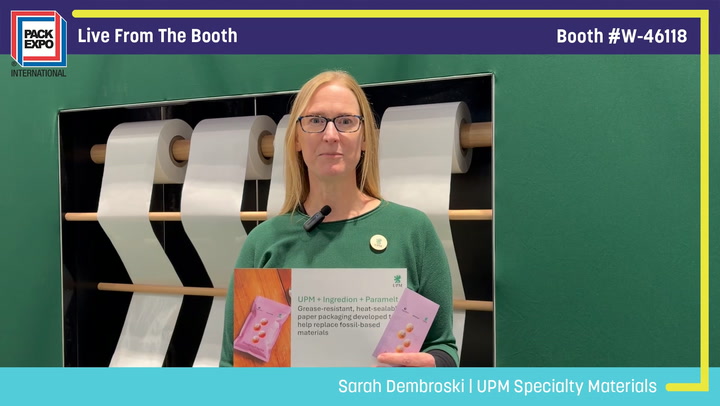 Sarah Dembroski from UPM Specialty Materials presents sustainable packaging materials at PACK EXPO booth W-46118