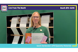 Sarah Dembroski from UPM Specialty Materials presents sustainable packaging materials at PACK EXPO booth W-46118