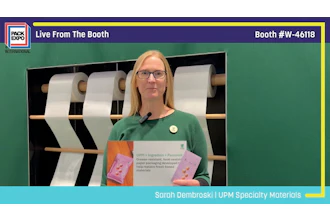 Sarah Dembroski from UPM Specialty Materials presents sustainable packaging materials at PACK EXPO booth W-46118
