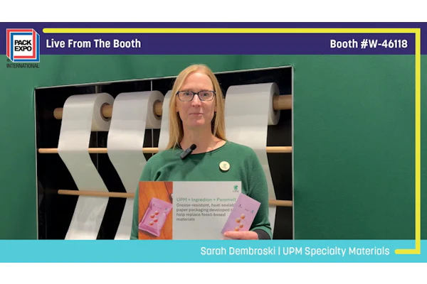 Sarah Dembroski from UPM Specialty Materials presents sustainable packaging materials at PACK EXPO booth W-46118