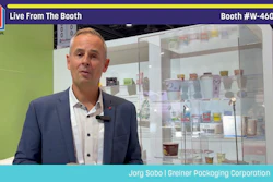 Jorg Sabo from Greiner Packaging Corporation speaking live at Pack Expo booth W-46052 with product display cases behind him