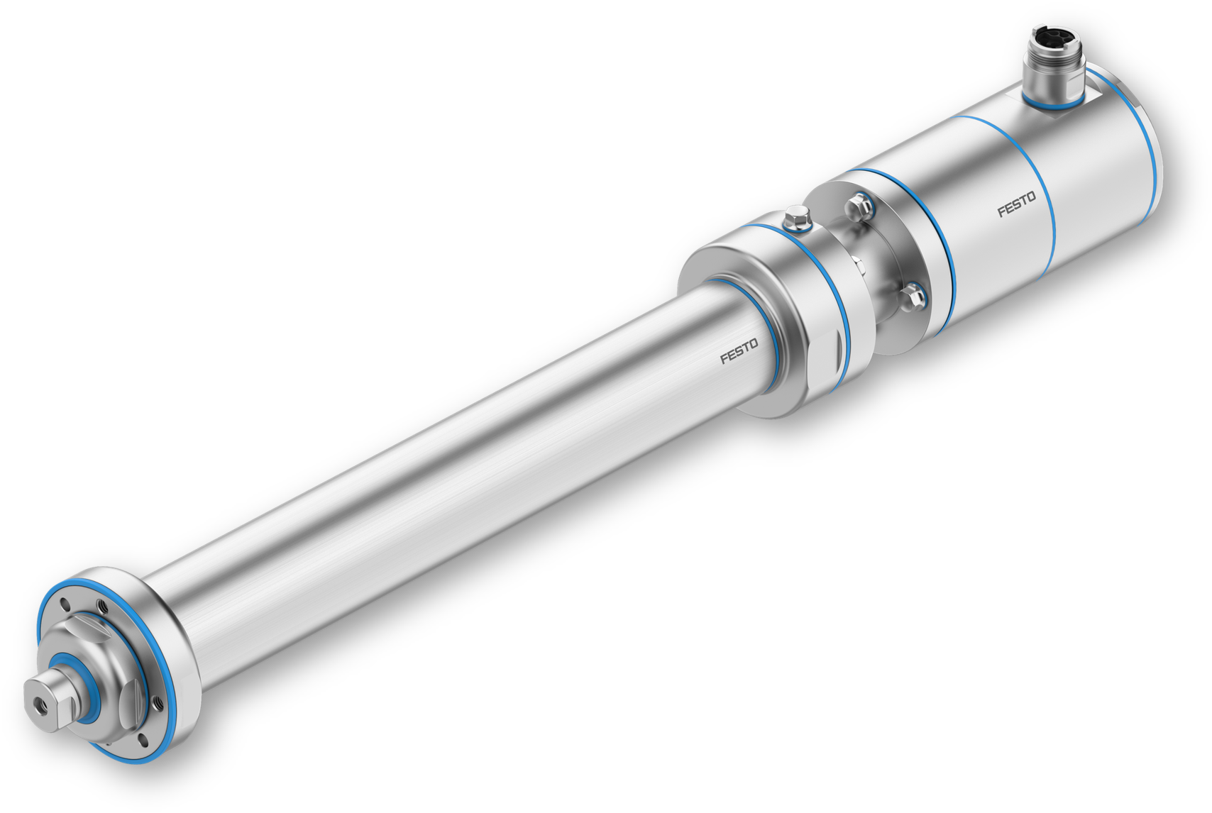 Festo pneumatic cylinder linear actuator with silver barrel and blue end caps