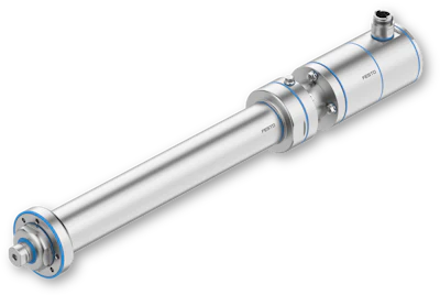 Festo pneumatic cylinder linear actuator with silver barrel and blue end caps