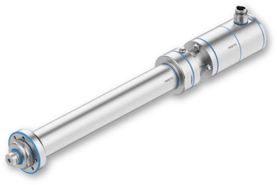 Festo pneumatic cylinder linear actuator with silver barrel and blue end caps