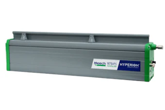 Meech Hyperion 973PS industrial air knife with gray housing and green end caps