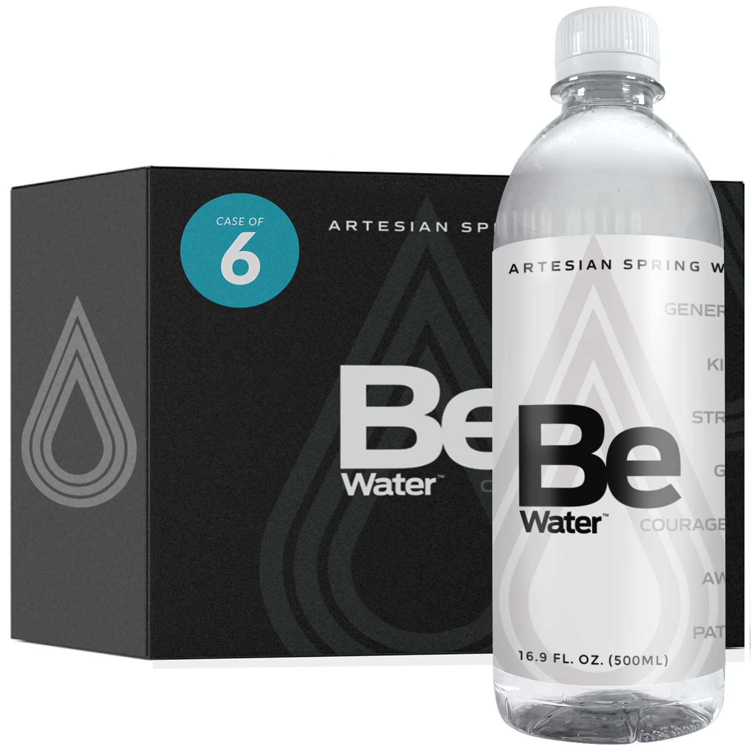 Be Water artesian spring water case of 6 bottles, 16.9 fl oz each, with black packaging and water drop logo design
