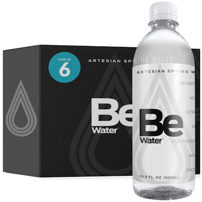 Be Water artesian spring water case of 6 bottles, 16.9 fl oz each, with black packaging and water drop logo design