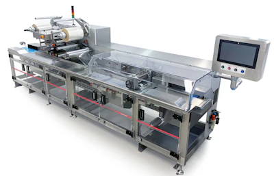 Industrial automated packaging machine with conveyor belt, control panel, and labeling equipment