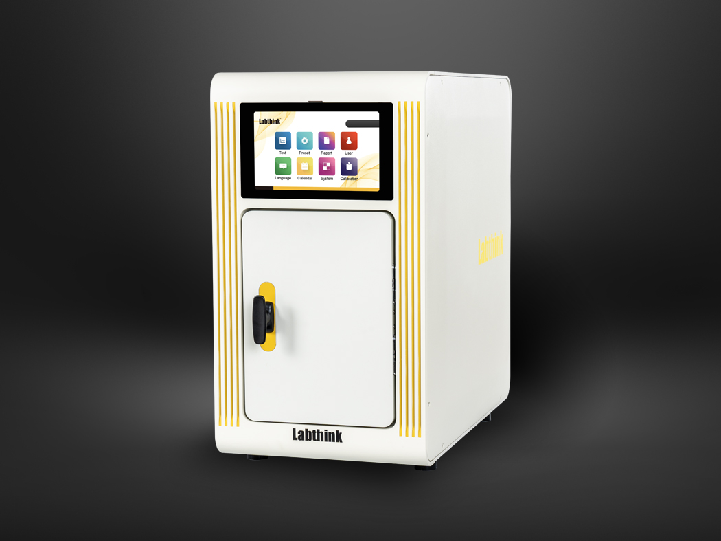 Labthink automated laboratory testing machine with touchscreen display and yellow accents