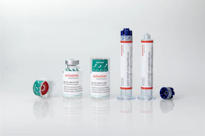 Schreiner pharmaceutical product line including adhesive tapes, solutions, and tubes arranged on white background