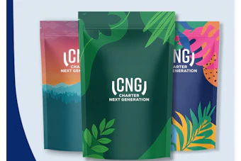 Three branded CNG Charter Next Generation pouches with colorful gradient designs and botanical leaf illustrations