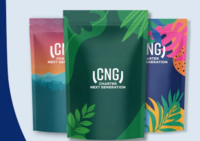 Three branded CNG Charter Next Generation pouches with colorful gradient designs and botanical leaf illustrations