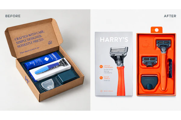 Harry's D2C mailer, left, opened like a gift but gave a store nothing to work with, with no peg hook and no clear view of the razor. The retail version, right, moves to a paper-based carton with bold product photography, a hang tab, and a molded orange tray that puts the razor on display.