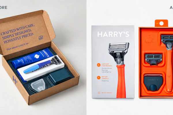Harry's D2C mailer, left, opened like a gift but gave a store nothing to work with, with no peg hook and no clear view of the razor. The retail version, right, moves to a paper-based carton with bold product photography, a hang tab, and a molded orange tray that puts the razor on display.