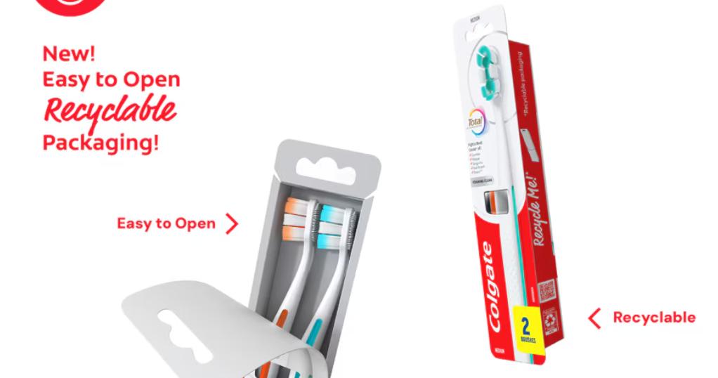 Colgate toothbrush packaging featuring easy-to-open recyclable design with two brush variants displayed