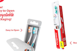 Colgate toothbrush packaging featuring easy-to-open recyclable design with two brush variants displayed