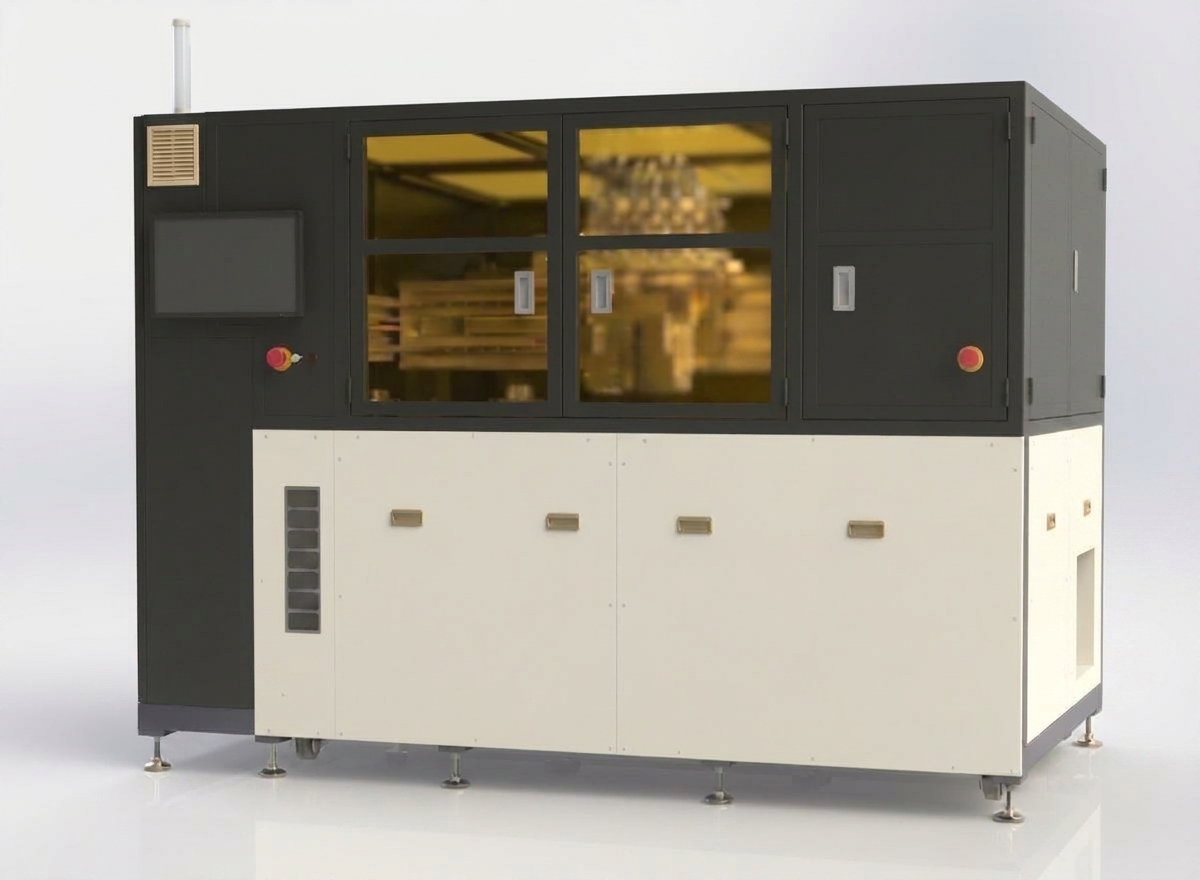 Industrial automated production machine with dark gray upper section, cream lower cabinet, and transparent control windows