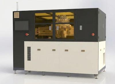 Industrial automated production machine with dark gray upper section, cream lower cabinet, and transparent control windows