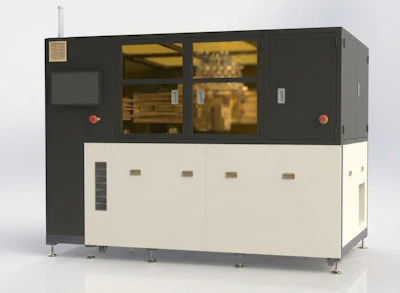 Industrial automated production machine with dark gray upper section, cream lower cabinet, and transparent control windows