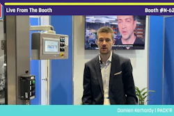 Professional man in business attire presenting at PACK'R booth during live trade show broadcast from Booth N-6240