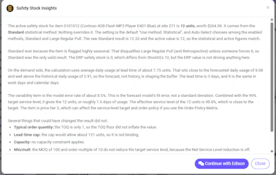 Safety Stock Insights logo and demand forecasting analysis interface