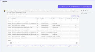 Edison inventory management interface displaying product data table with filters, supplier information, and order details