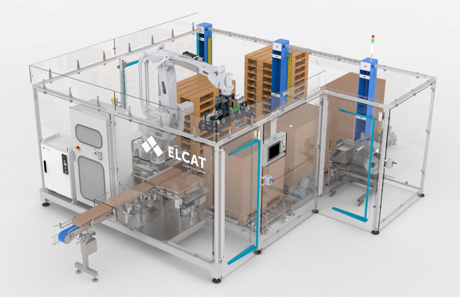 ELCAT automated warehouse or logistics system with blue vertical storage towers and conveyor equipment