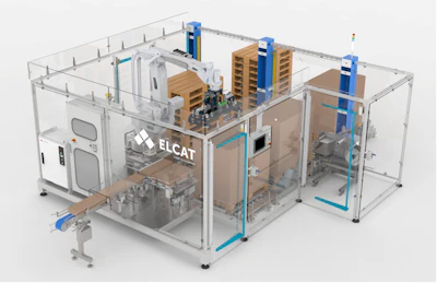 ELCAT automated warehouse or logistics system with blue vertical storage towers and conveyor equipment