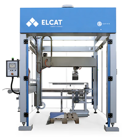 ELCAT 3D printer with blue frame, control panel, and printing platform with sample object