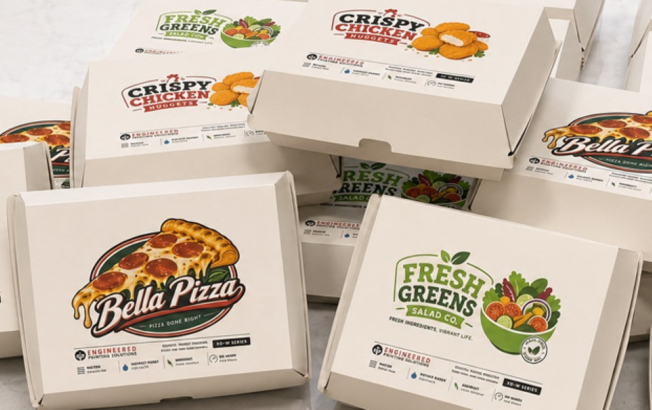 Collection of branded food delivery boxes including Bella Pizza, Crispy Chicken, and Fresh Greens salad packaging arranged together