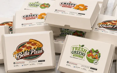 Collection of branded food delivery boxes including Bella Pizza, Crispy Chicken, and Fresh Greens salad packaging arranged together