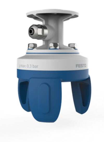 Festo pneumatic vacuum gripper with blue rubber suction cups and gray metal mounting head