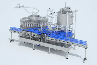 Industrial filling and capping machine with blue conveyor system and stainless steel components