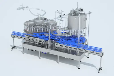 Industrial filling and capping machine with blue conveyor system and stainless steel components