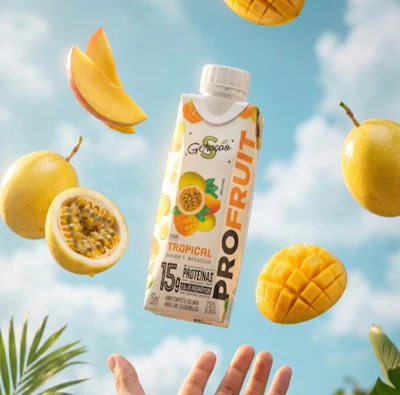 Suaçaí Pro Fruit tropical protein beverage carton surrounded by fresh mango and passion fruit against blue sky