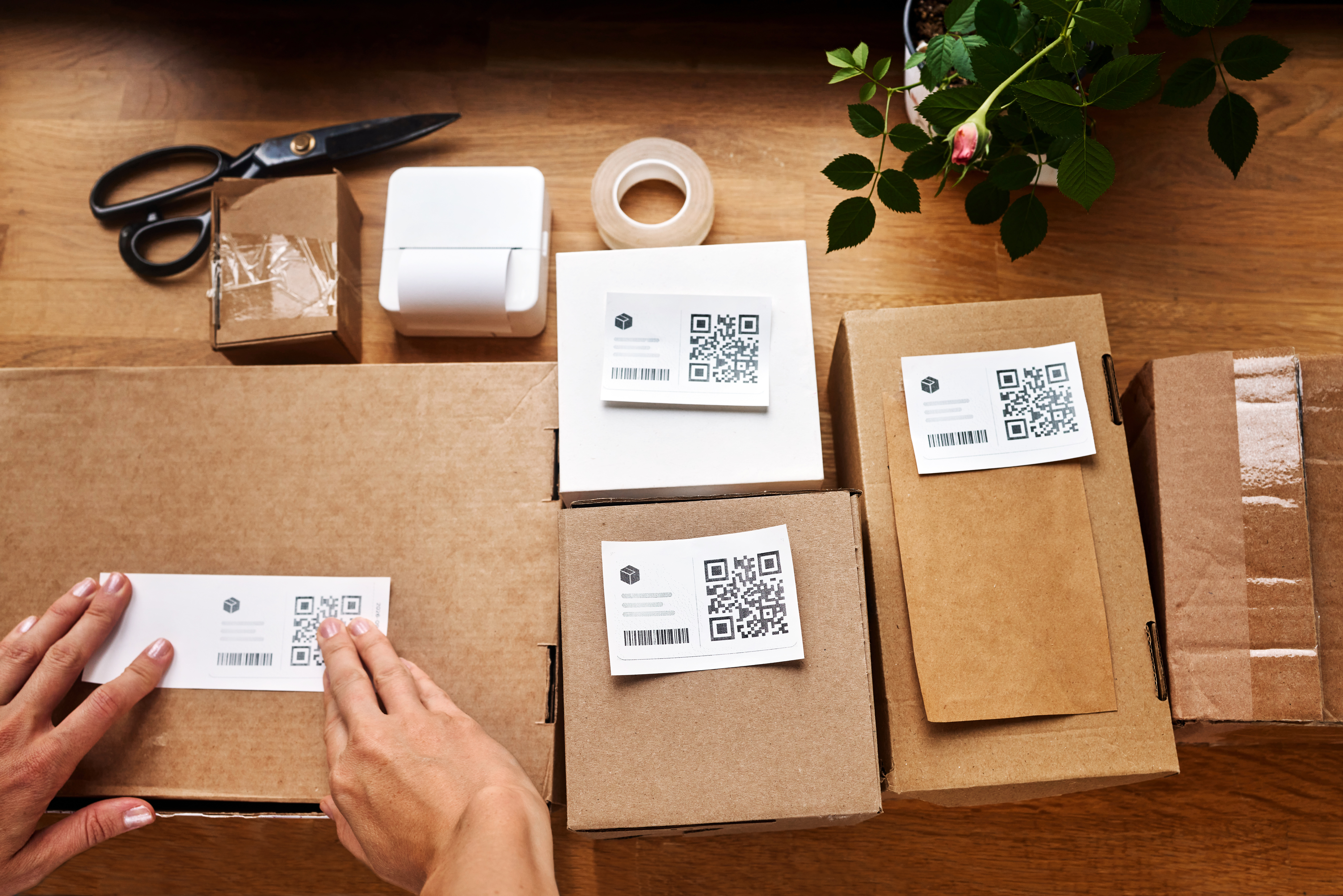 Overhead view of shipping workspace with kraft boxes labeled with QR codes, packing supplies, and green plant on wooden table