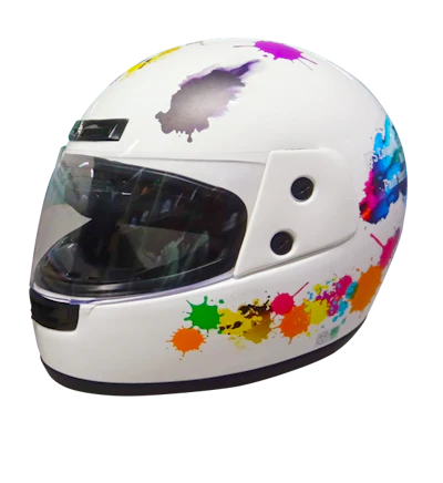 White full-face racing helmet with colorful paint splatter design in purple, blue, pink, orange, and yellow