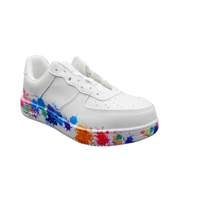 White low-top sneaker with colorful paint splatter design on the rubber sole