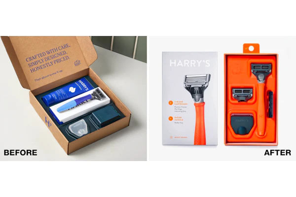 Harry's D2C mailer, left, opened like a gift but gave a store nothing to work with, with no peg hook and no clear view of the razor. The retail version, right, moves to a paper-based carton with bold product photography, a hang tab, and a molded orange tray that puts the razor on display.