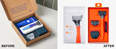 Harry's D2C mailer, left, opened like a gift but gave a store nothing to work with, with no peg hook and no clear view of the razor. The retail version, right, moves to a paper-based carton with bold product photography, a hang tab, and a molded orange tray that puts the razor on display.