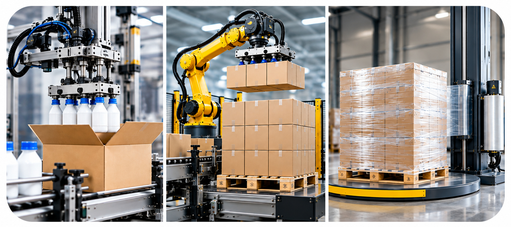 Industrial robotic arms packaging and palletizing cardboard boxes in a modern warehouse automation facility